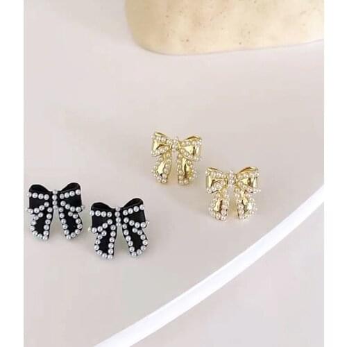 Gold Silver Plated Sweet Jewelry Black Bowknot Earrings 2021 New Design Simulated Pearls Heart Drop Earrings For Girl