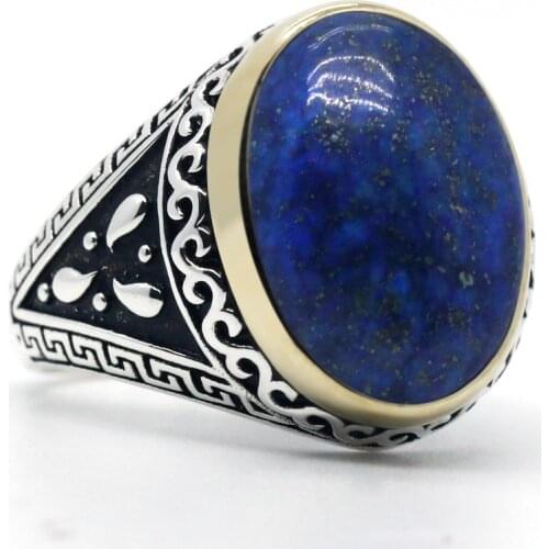Blue Natural Stone Men Rings 925 Sterling Silver Vintage Lapis Lazuli Solid Silver Ring for Men Women Jewelry Gift to Husband