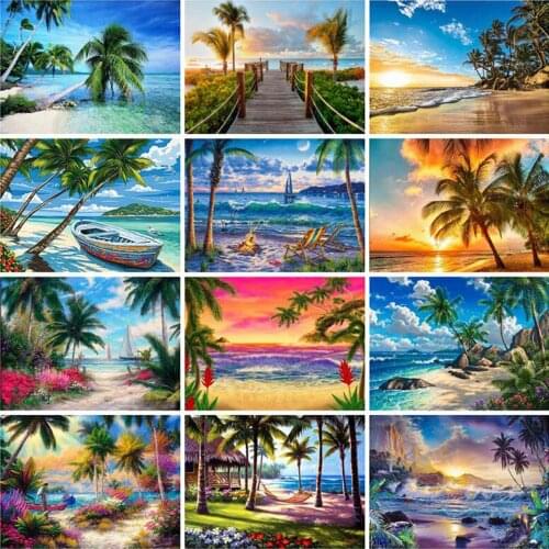 5D Diamond Painting Kits Seaside Diamond Embroidery Landscape Mosaic Picture Coconut Tree Art Home Decoration