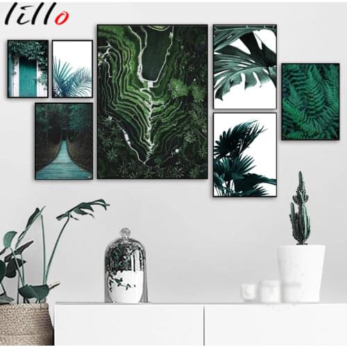 Green lake mountain forest banana leaves wall art canvas painting posters and prints nordic pictures wall for living room decor