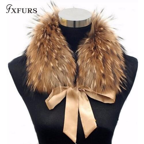 FXFURS 2020 new Fashion Fur Scarf Real Raccoon Dog Fur Collars with Ribbon Real Fur Stole for Wool Coats 48CM