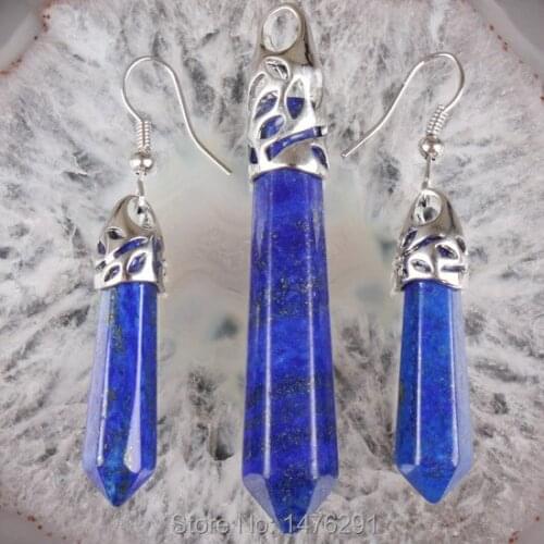 New Lapis Lazuli Beads Hexagon Prism GEM Pendant & Earring 1 SET