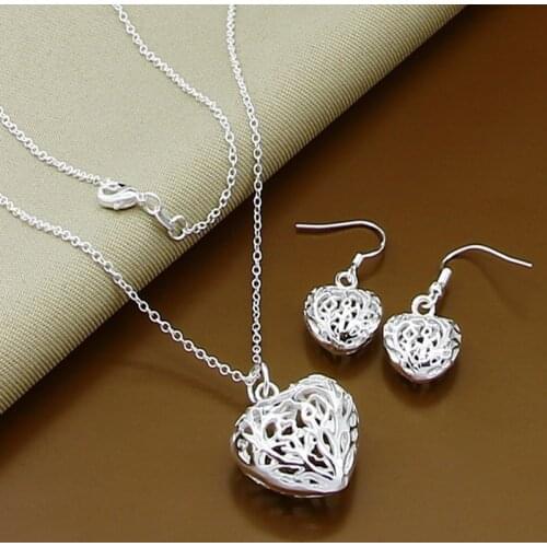 Wholesale Price 925 Silver Jewelry Sets Simple Heart Love Necklace Earrings Set Female Valentines Day Gift
