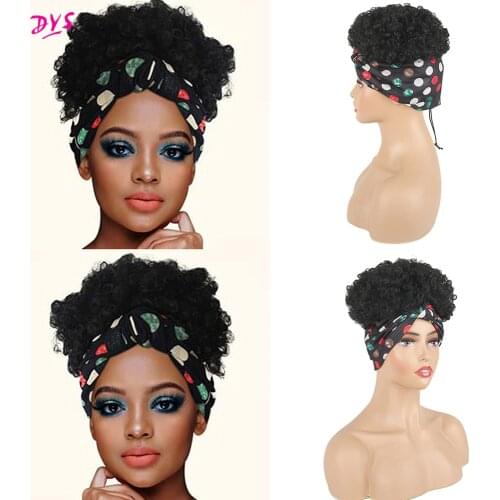Deyngs Turban Wrap-wig 2 in 1 Afro Puff Hairband Bun Short Kinky Curly Drawstring Synthetic Wig Headwrap Wig African American