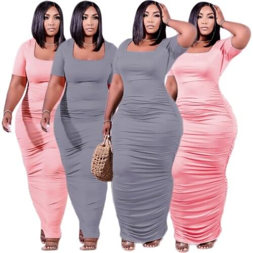 Casual Women Dress Pleated O-neck Short Sleeve Solid Color Bodycon Streetwear Long Dresses Party Night Vestidos