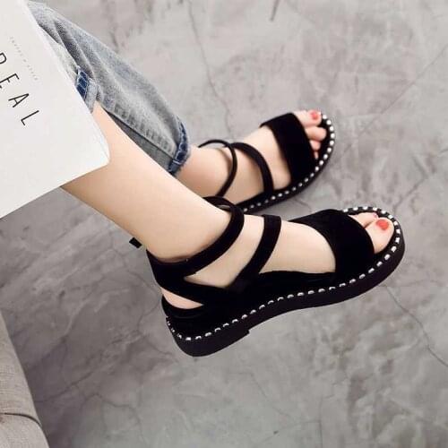 New Sandals Womens Summer Single Word Buckle Breathable Lightweight Casual Sandals Womens Flat-Bottomed Roman Wedge Sandals