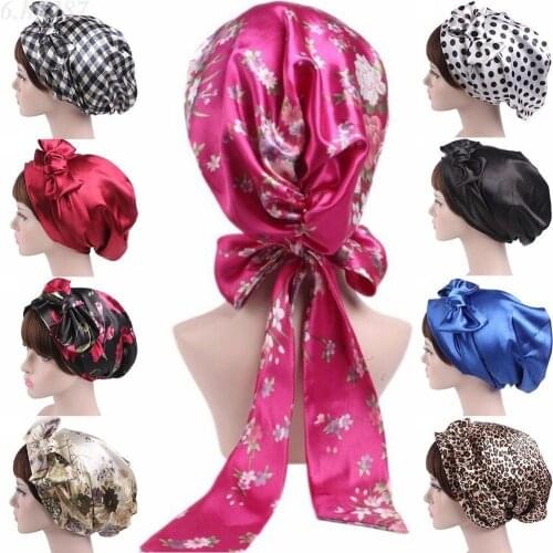 Satin Women Print Hijab Chemo Hat Turban Head Scarves Hair Loss Headwear Bandana Band Bow Scarf Cancer Caps Beanie Cover Fashion