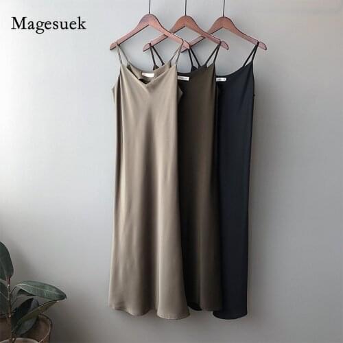 V-neck Sexy Sling Dress 2021 Backless Solid Satin Long Dress Sleeveless Party Woman Dresses Womens Dress Female Vestidos 13586