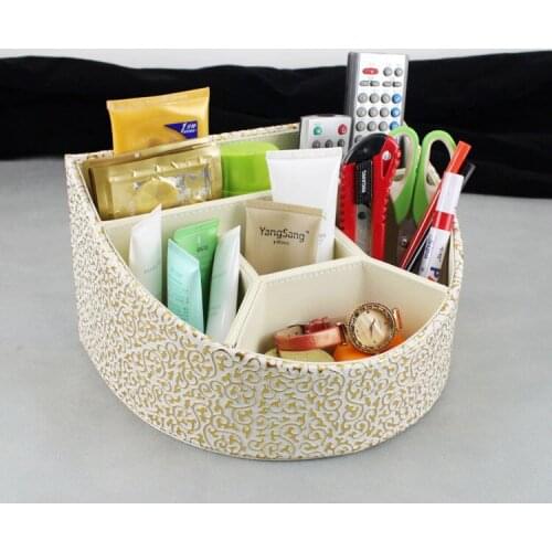 Stylish 5-slot slanted wood leather desktop cosmetics case storage box organizer for makeup 262C