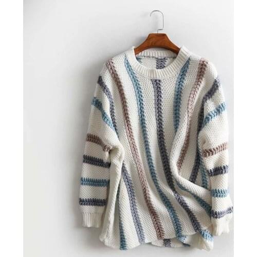 Womens autumn winter knitted contrast color sweater Female long sleeve striped casual loose tops TB1052
