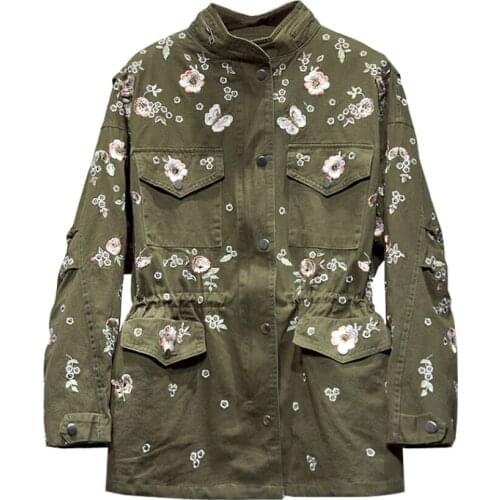 2021 spring autumn Fashion heavy industry trench coat women stand collar loose embroidery flowers safari style drawstring wais