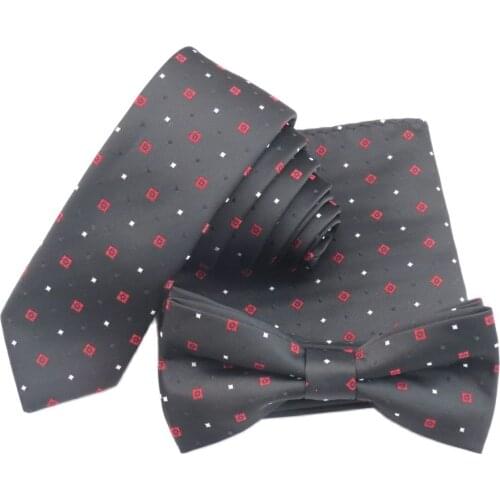Weiliboyin Men black ties white dot and red plaid bow tie matching narrow necktie pocket Square Red and whit gravata