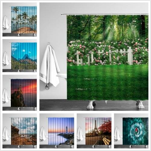 Shower Curtains Green Meadow Flower Landscape Natural Scenery Bathroom Decor Waterproof Fabric Cloth Curtain Cheap With Hooks