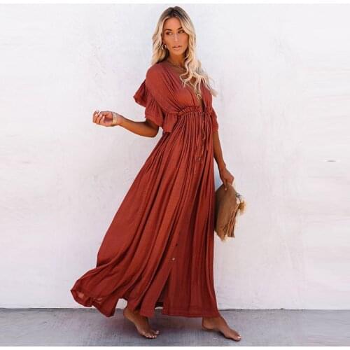 Women Solid Color Tunic Robe Cover Up Dress Sexy Deep V Hollow Out Long Beachwear Ladys Waist Rope Long Skirt Sun Bathing suit