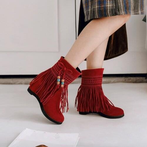 YMECHIC 2018 Flock Fringe Tassel Booties 2018 Woman Butterfly-knot Hidden High Heel Gothic Ankle Boots Black Beige Ladies Shoes