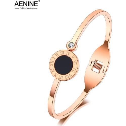 AENINE Trendy Roman Numerals Charm Cuff Bangles For Women Rhinestone Titanium Stainless Steel Wedding Bracelets AB20187