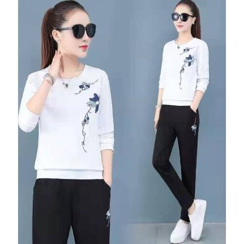 Hot Autumn Fashion Flower Two Piece Set Round Neck Long Sleeve Top and Pants Casual Plus Size 2 Piece Sets Women Clothes