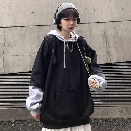 Fake two-piece womens sweater autumn and winter stitching contrast color plus velvet thick loose hooded top high street kawaii