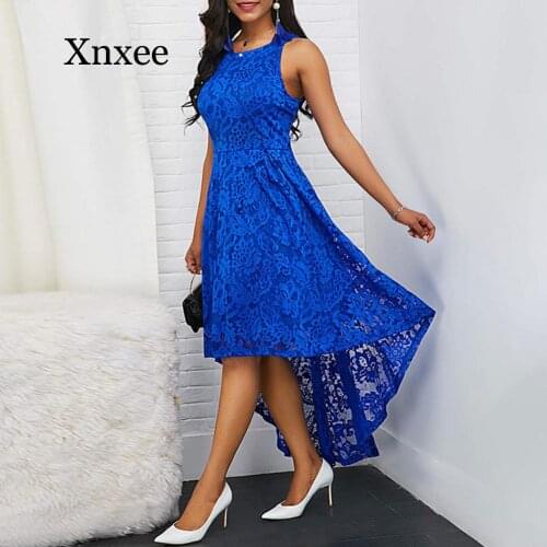 Floral Lace Women Solid Color Sleeveless Irregular Hem Formal Party Midi Dress 5xl vintage summer dress hollow out formal blue