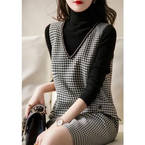 Woman Dress Summer Houndstooth Elegant Large V-neck Chain Sleeveless Dress Autumn Winter New Vestido De Mujer