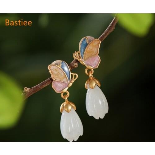 Bastiee Silver 925 Jewelry 925 Sterling Silver Earrings Dangle Earrings Vintage Korean Earrings Golden Plated Jade