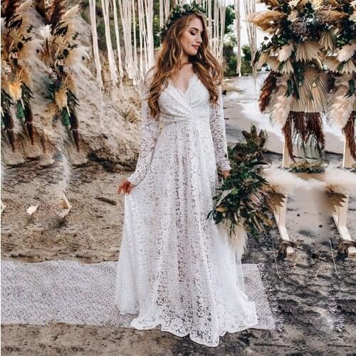Long Sleeve Lace Wedding Dress V Neck Beach Boho Zipper Rustic Maxi Floor Length Soft Bridesmaid Destination Bridal Gowns