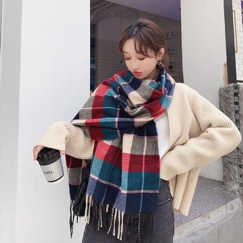 Mingjiebihuo New Fashion Autumn and winter Korean Long Student Plaid Japanese big Fresh Thicken warm comfortable tassel scarf