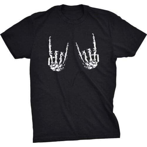 Skeleton Metal Fingers Men Spooky Funny Halloween Black Shirt Rock and Roll Bones Short Sleeve 100% Cotton goth kawaii Unisex