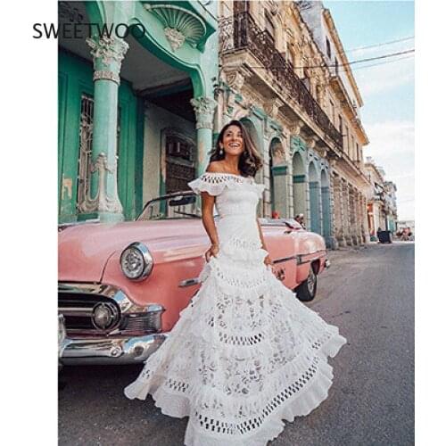 Women White Ruffles Lace Maxi Long Dress A-Line Slash Neck Peral Sleeve Hollow Out Summer Vintage Large Size Party Dress