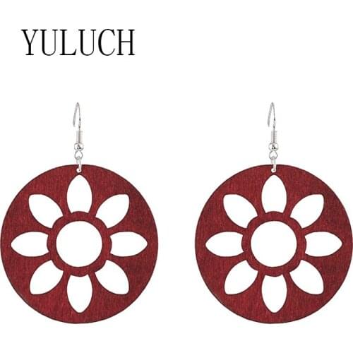 YULUCH Woman wood elegant hollow out flower pattern pendant earrings ladies simple art accessories girls casual jewelry gifts