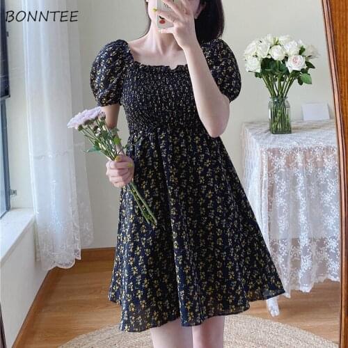 Dress Women Floral Puff Sleeve French Style Vintage Sweet Trendy Square Collar Elegant Vacation Ladies Summer Leisure Design Ins