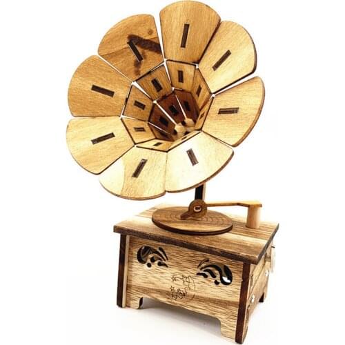 1pcs Wooden Phonograph Model Music Box Christmas Birthday Gift Creative Music Box Home Desktop Decoration Handmade Craft Toys