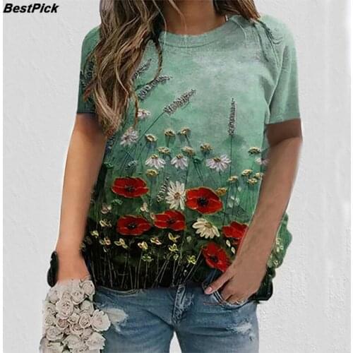 2021 New Tie Dye 3D Floral Print Women T Shirts Casual Short Sleeve Loose Plus Size Tops Fashion Street Ladies O Neck Summer Tee