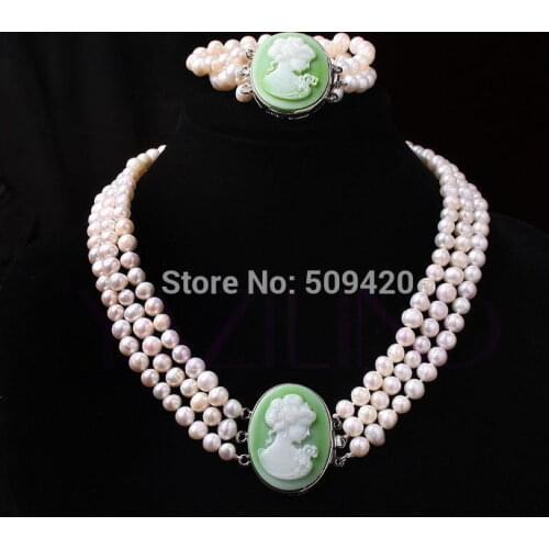 Free Shipping >>>>7-8mm women handmade carved queen portrait pendant fresh water 8mm pearls necklace set