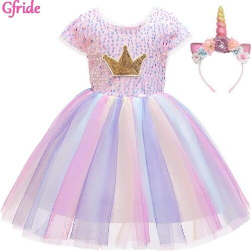 Crown Unicorn Party Dress Girl Dress For Kids Christmas Costume Halloween Children Princess Dress Girls Birthday Dress 6 8 Years