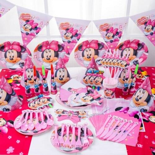Minnie Mouse Party Decoration Supplies Kids Birthday Favors Tablecloth Cup Plate Napkin Baby Shower Decorations Pink Red Gold