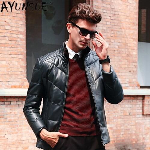 AYUNSUE 2020 New Winter Mens Clothing Genuine Leather Down Jacket Real Mink Fur Collar Sheep Shearling Coat Male Jaqueta LXR328