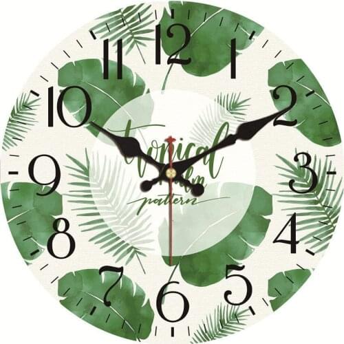 Green Leaves Wall Clock,Vintage Pattern Wooden Cardboard Wall Clock, European Retro Clock for Chic Home Office Cafe Decor