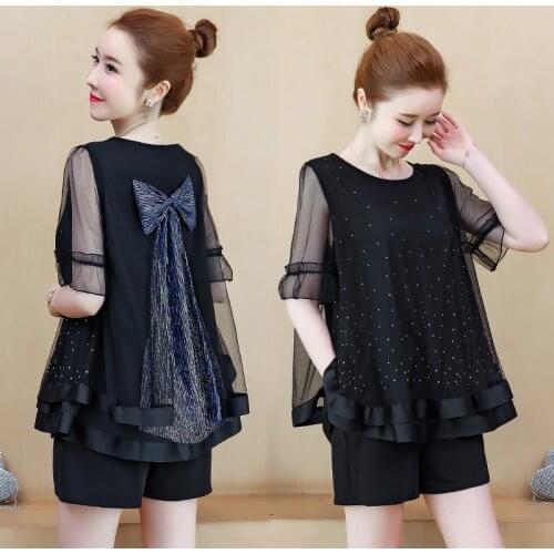 2021 new womens large size womens net gauze thin two piece set new summer suit foreign style womens suit