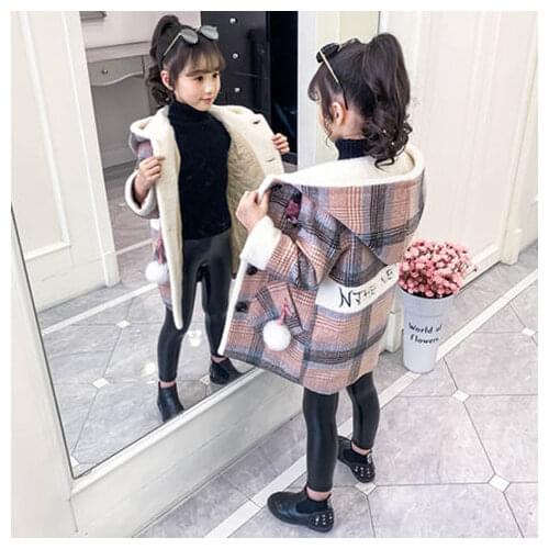 Girls Woolen Coat Autumn/winter 2021 New Medium and Big Kids Plus Velvet Western Windbreaker Childrens Woolen Korean Top