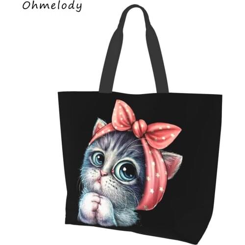 Cute Cat Womens Large Shoulder Handbags Foldable Shopping Tote Grocery Bags Summer Travelling Beach Bags Girls School Bookbag