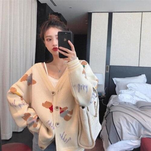 Loose Knit Cardigan Womens Autumn Korean Lazy Style V-neck Embroidered Bear Sweater Jacket College Style