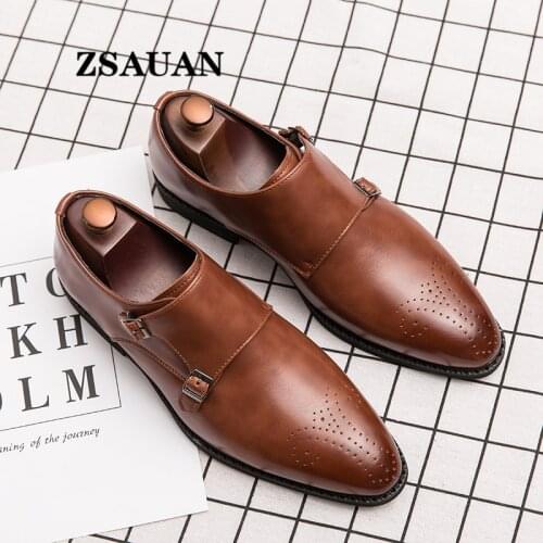 Vintage Men Office Dress Shoes ZSAUAN Monk Strap PU Leather Men Brogue Shoes Solid Daily Formal Footwear Elegant Big Size 38-46