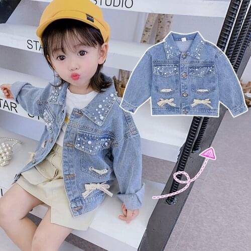 Girls baby spring and autumn fashion Cute cartoon denim jacket girls Solid color bow Casual jacket 2-8 years old