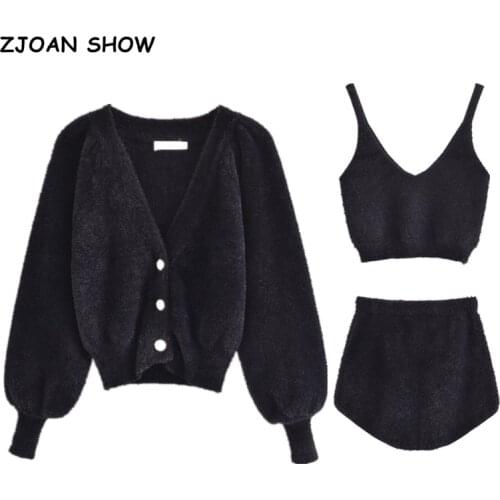 2021 Vintage Shaggy Korea Style Black Cardigan Furry Single-breasted Button Tank Top Knitted Sweater Jumper 1 Set