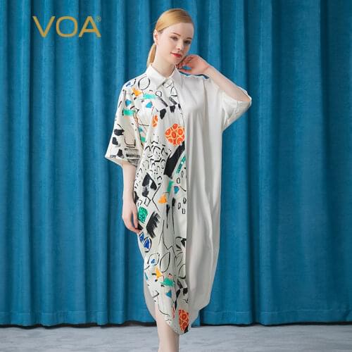 VOA 28m/m Elastic Mulberry Silk White Background Painted Single Breasted Loose Casual 7-point Raglan Sleeve Skirt AE652