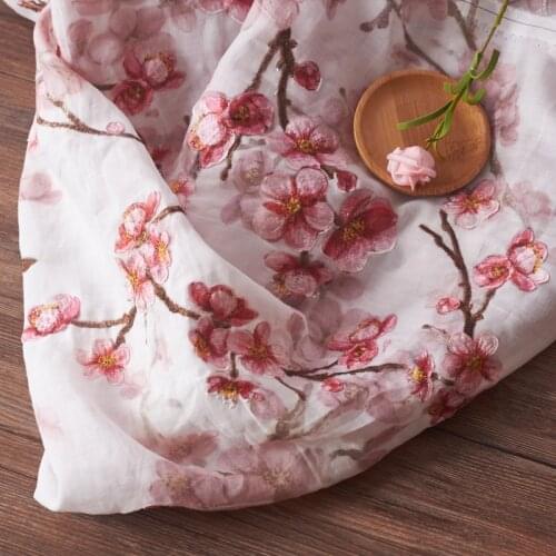 High quality ramie fabric Pink plum embroidery tissus High-end clothing material
