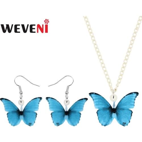 WEVENI Acrylic Blue Morpho Butterfly Jewelry Sets Fashion Animal Insect Necklace Earrings For Women Girls Kids Funny Party Gifts