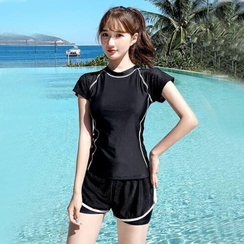 Swimsuits Woman 2021 Split New Conservative Cover Belly Slimming Fairy Student Sports Boxer Hollow Solid Beach Wear Swimwear