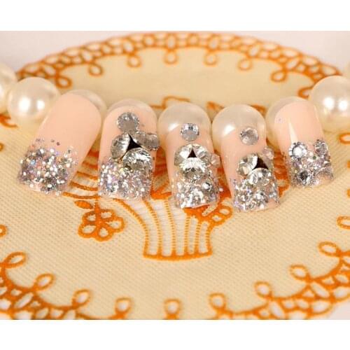24pcs Ladies Fake Nails Transparent Floral Beads Decor DIY Bride False Nails NN